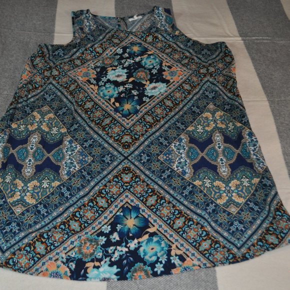 Maurice's Boho Style Sleeveless Swing Dress with Teal, Dark Blue & Peach Design - Picture 2 of 4